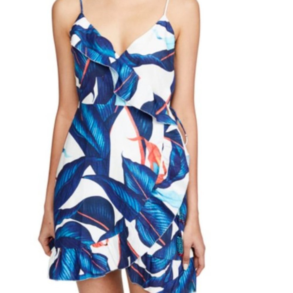 Farm Rio Blue Palm Mini Wrap Dress